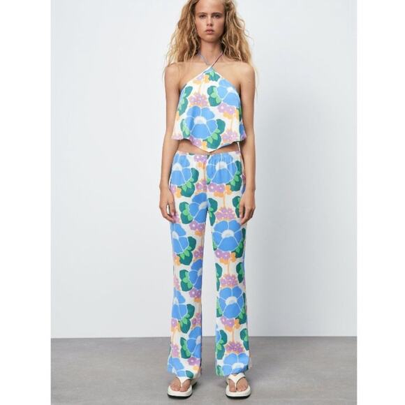 ZARA  Pants S Floral Straight Leg Pajama Style Groove Retro Bohemiam Hippie NWOT - Picture 1 of 15